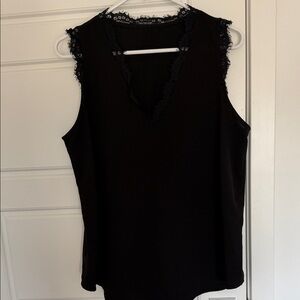 Black Lace-Trim Sleeveless V-Neck Top